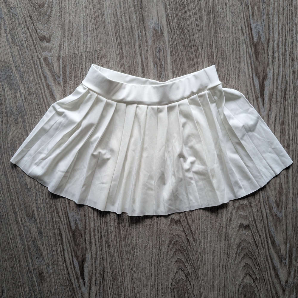 White Pleated Mini Skirt Women's L Elastic Waistband